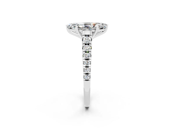 Platinum Marquise Cut Moissanite Cathedral Solitaire Ring with Round  Pavé Band