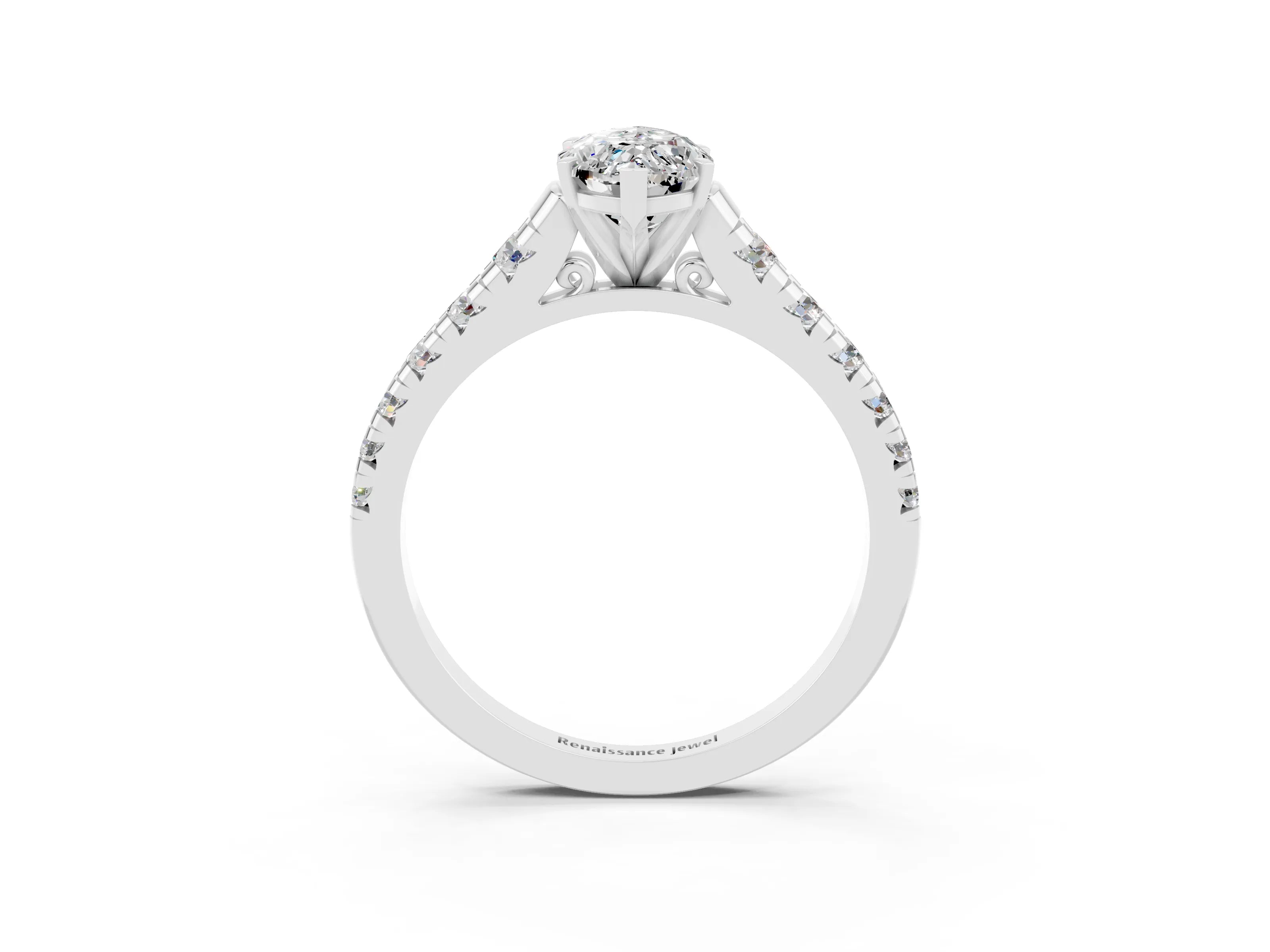 White gold Fancy White Marquise Cut Moissanite Solitaire Ring with Cathedral Setting and Pavé Band_3