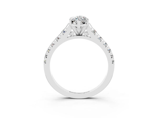 Silver Marquise Cut Moissanite Cathedral Solitaire Ring with Round  Pavé Band
