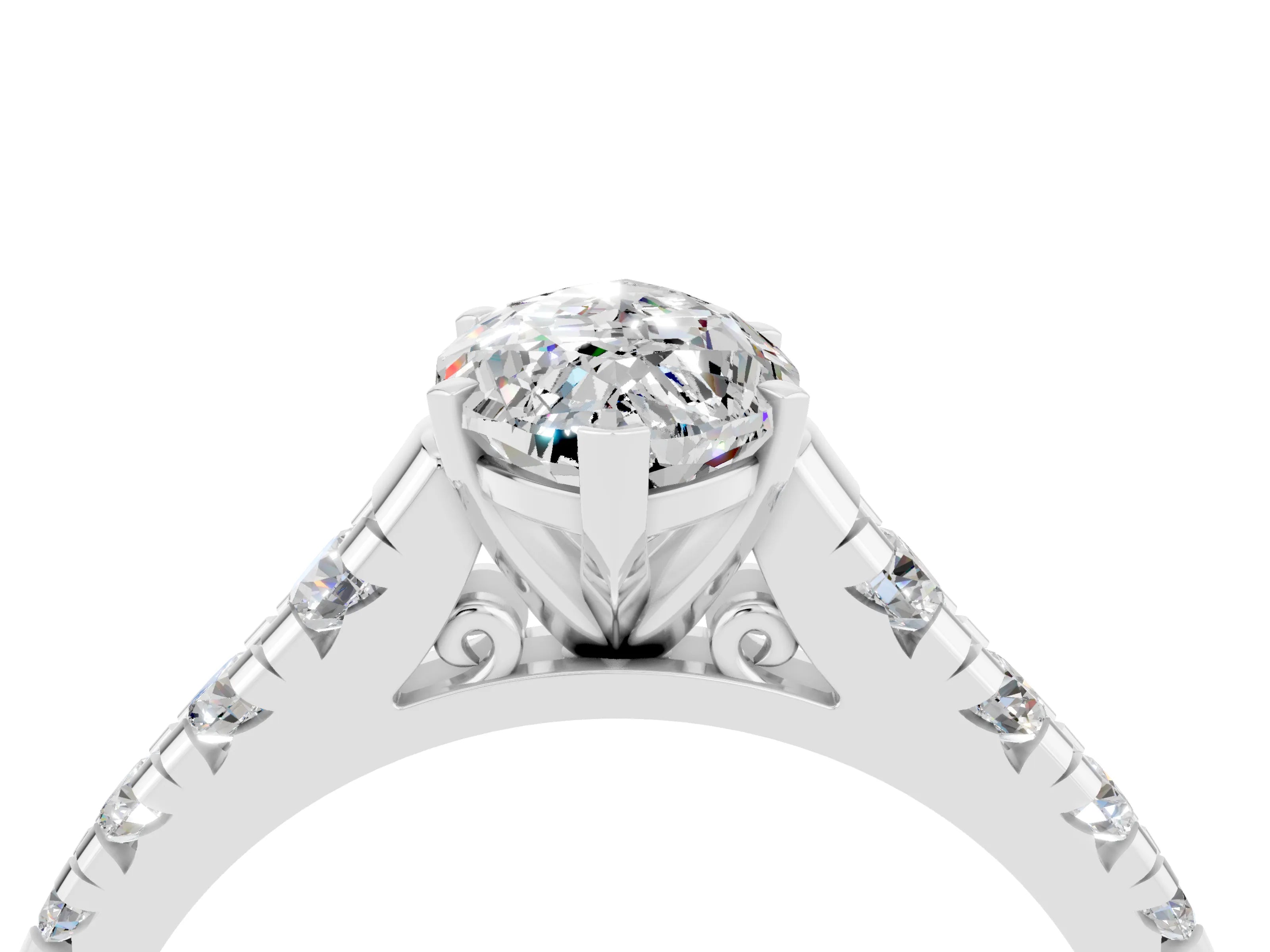 White gold Fancy White Marquise Cut Moissanite Solitaire Ring with Cathedral Setting and Pavé Band_4