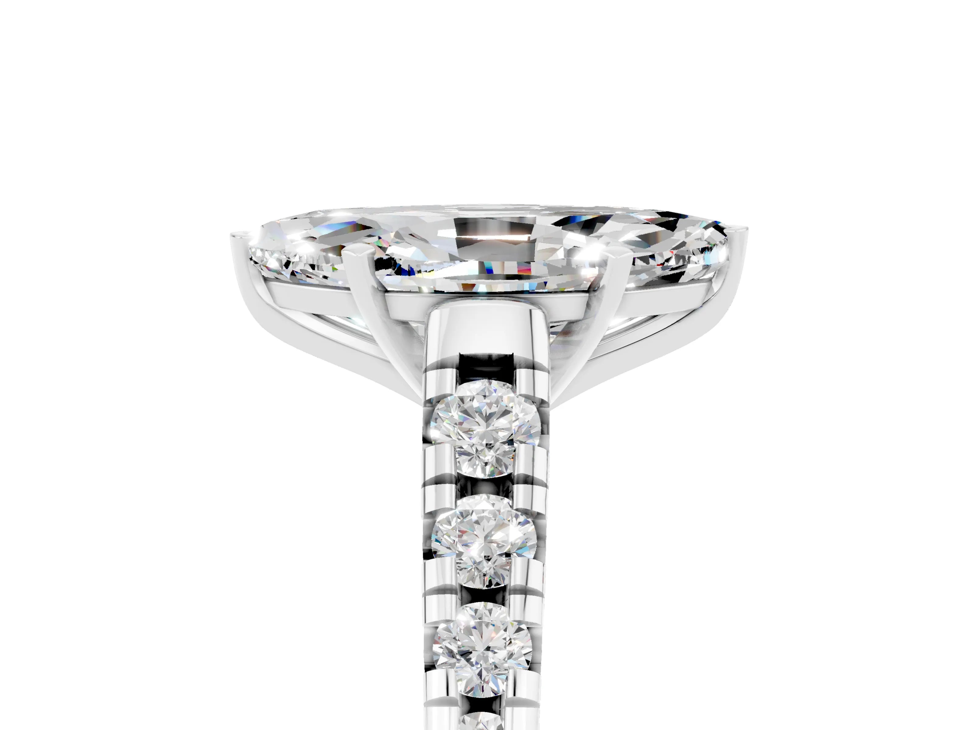 White gold Fancy White Marquise Cut Moissanite Solitaire Ring with Cathedral Setting and Pavé Band_5