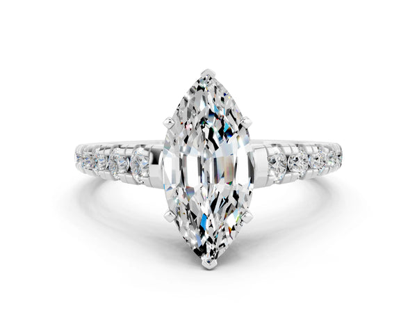 White gold Marquise Cut Moissanite Cathedral Solitaire Ring with Round  Pavé Band