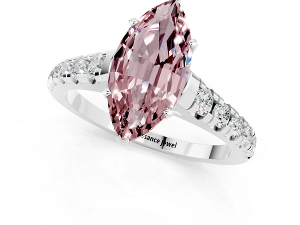 Platinum Marquise Cut Morganite Cathedral Solitaire Ring with Round  Pavé Band