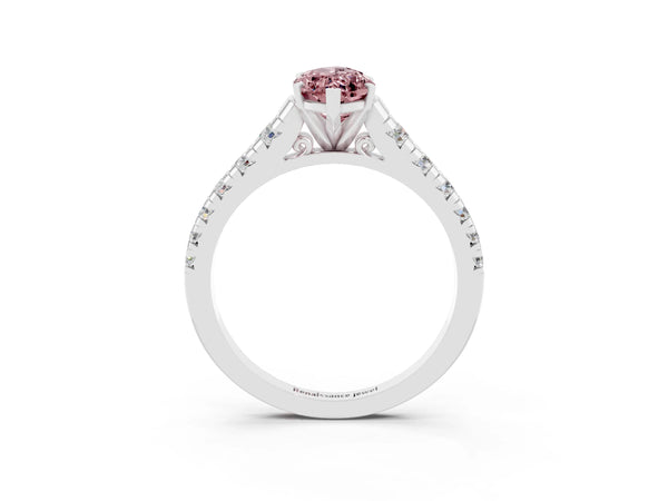 Silver Marquise Cut Morganite Cathedral Solitaire Ring with Round  Pavé Band
