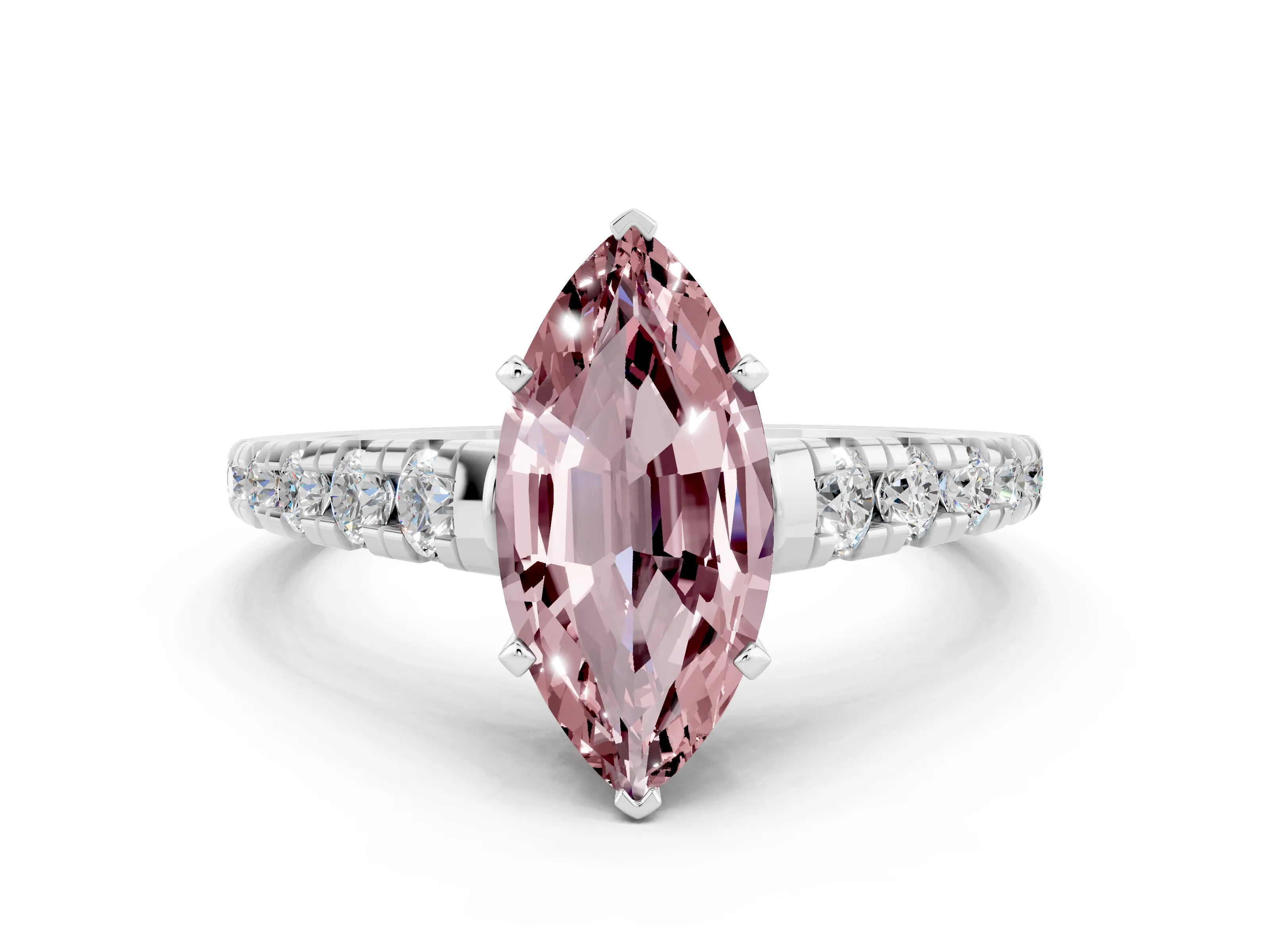 White gold Fancy White Marquise Cut Morganite Solitaire Ring with Cathedral Setting and Pavé Band