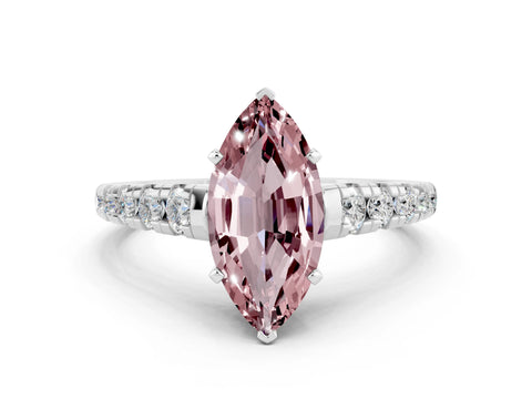 White gold Fancy White Marquise Cut Morganite Solitaire Ring with Cathedral Setting and Pavé Band