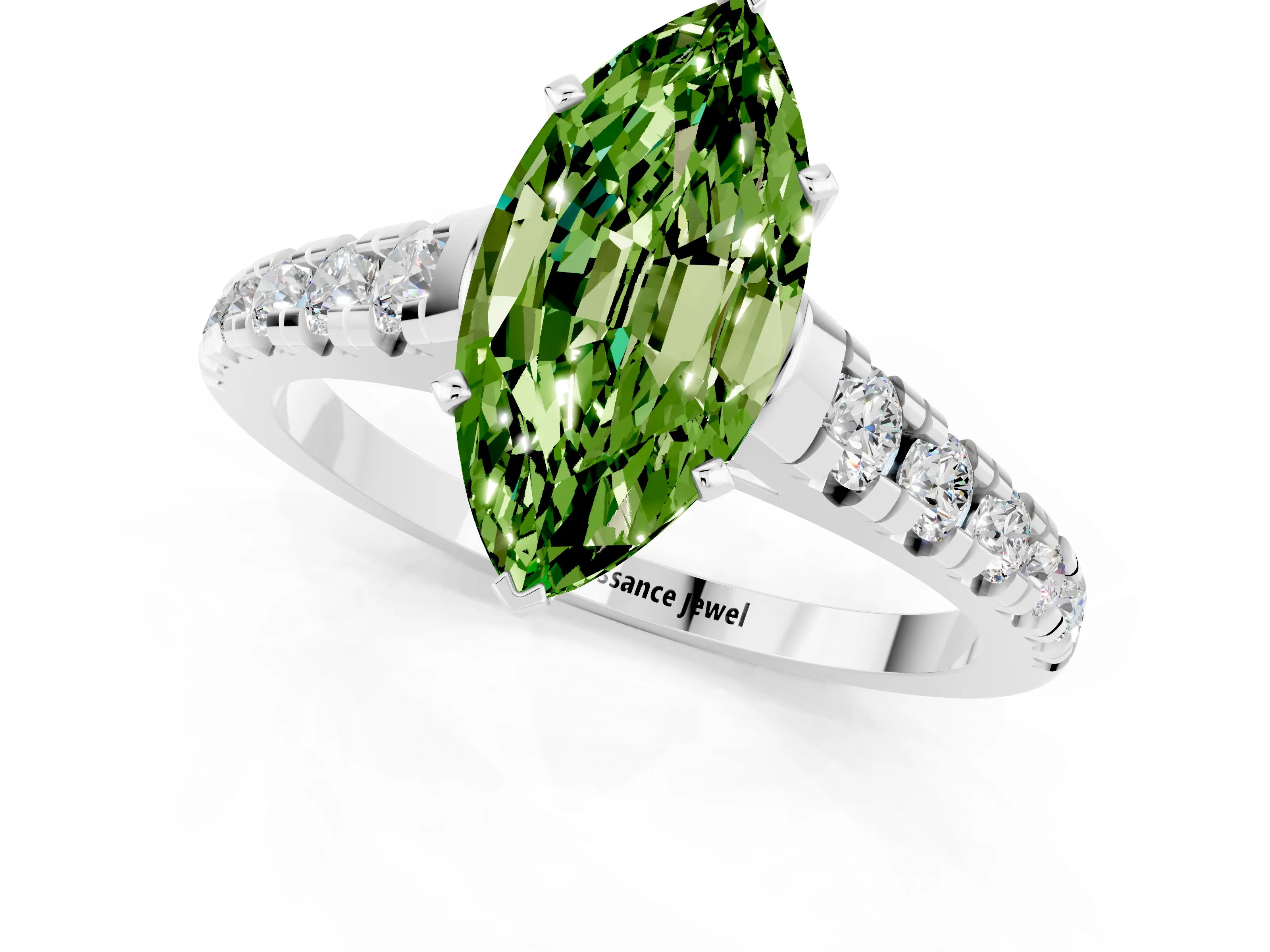 White gold Fancy White Marquise Cut Peridot Solitaire Ring with Cathedral Setting and Pavé Band_1