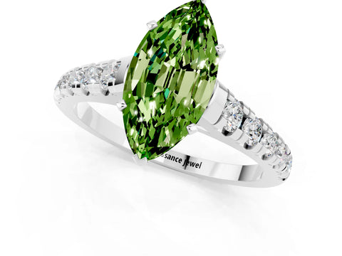 White gold Fancy White Marquise Cut Peridot Solitaire Ring with Cathedral Setting and Pavé Band_1