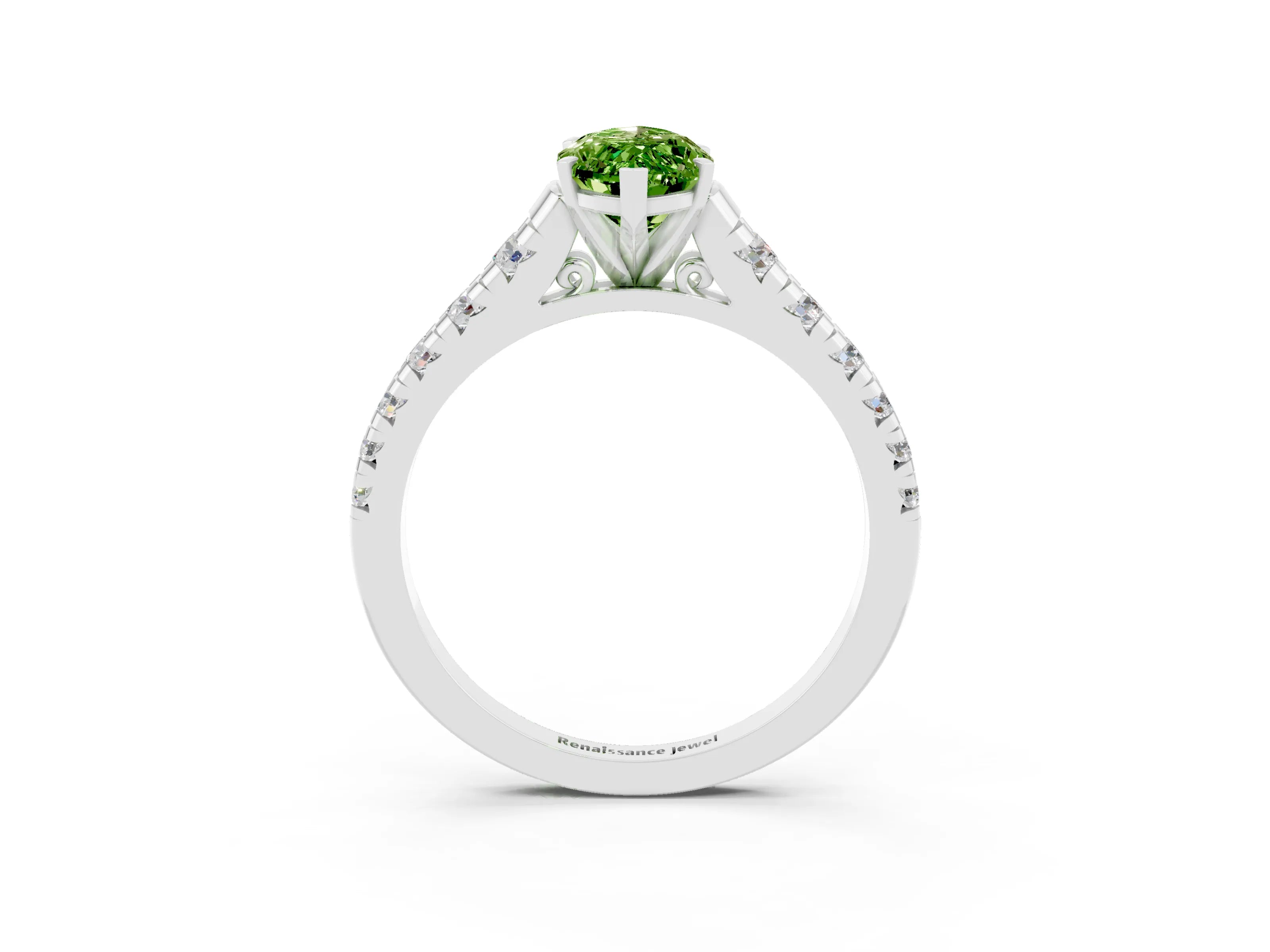 White gold Fancy White Marquise Cut Peridot Solitaire Ring with Cathedral Setting and Pavé Band_3