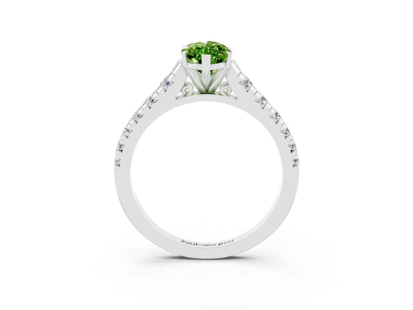 White gold Marquise Cut Peridot Cathedral Solitaire Ring with Round  Pavé Band