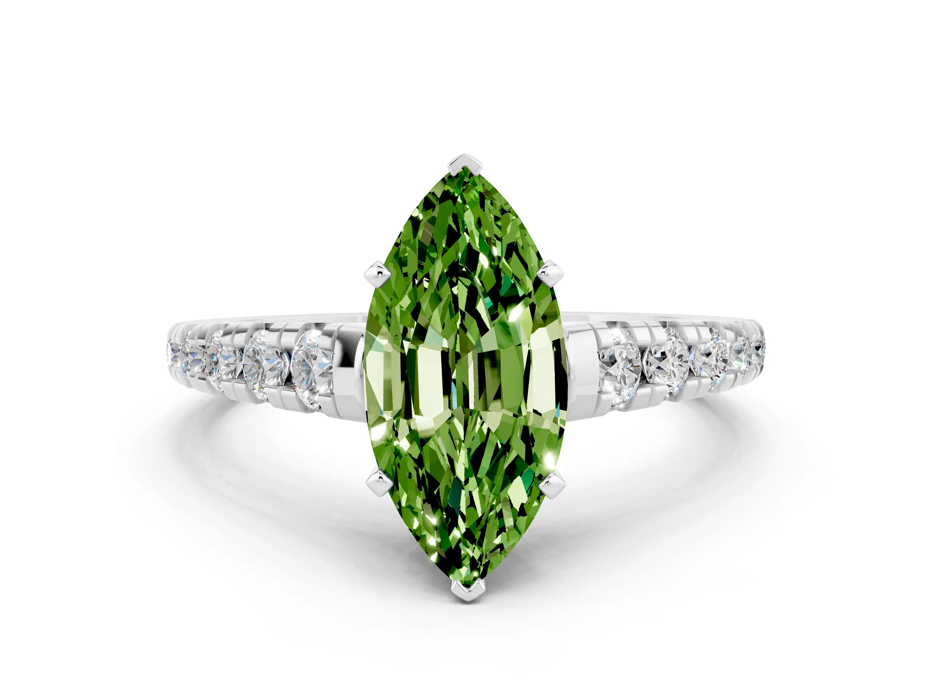 White gold Fancy White Marquise Cut Peridot Solitaire Ring with Cathedral Setting and Pavé Band