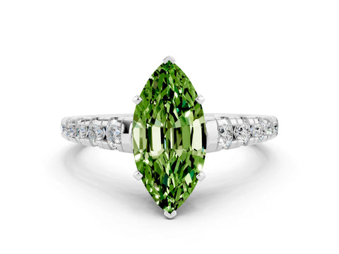 White gold Fancy White Marquise Cut Peridot Solitaire Ring with Cathedral Setting and Pavé Band