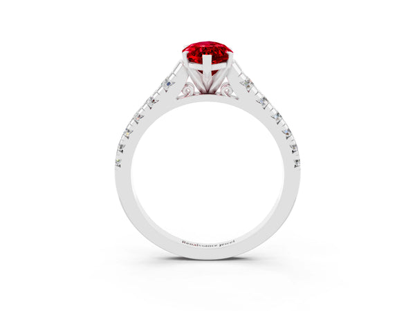 Platinum Marquise Cut Ruby Cathedral Solitaire Ring with Round  Pavé Band