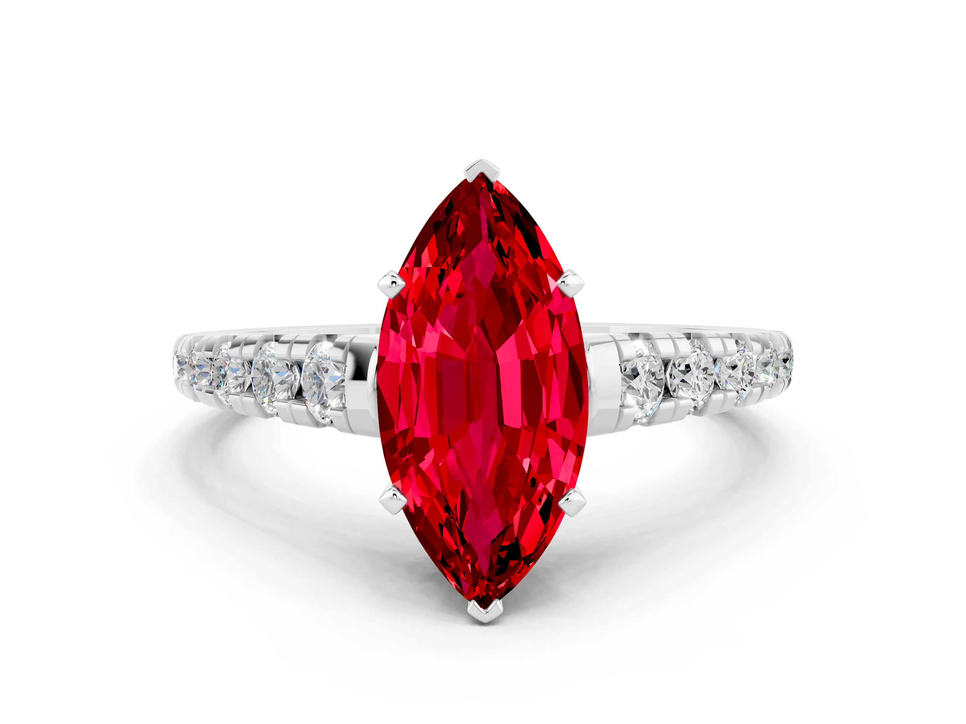 White gold Fancy White Marquise Cut Ruby Solitaire Ring with Cathedral Setting and Pavé Band