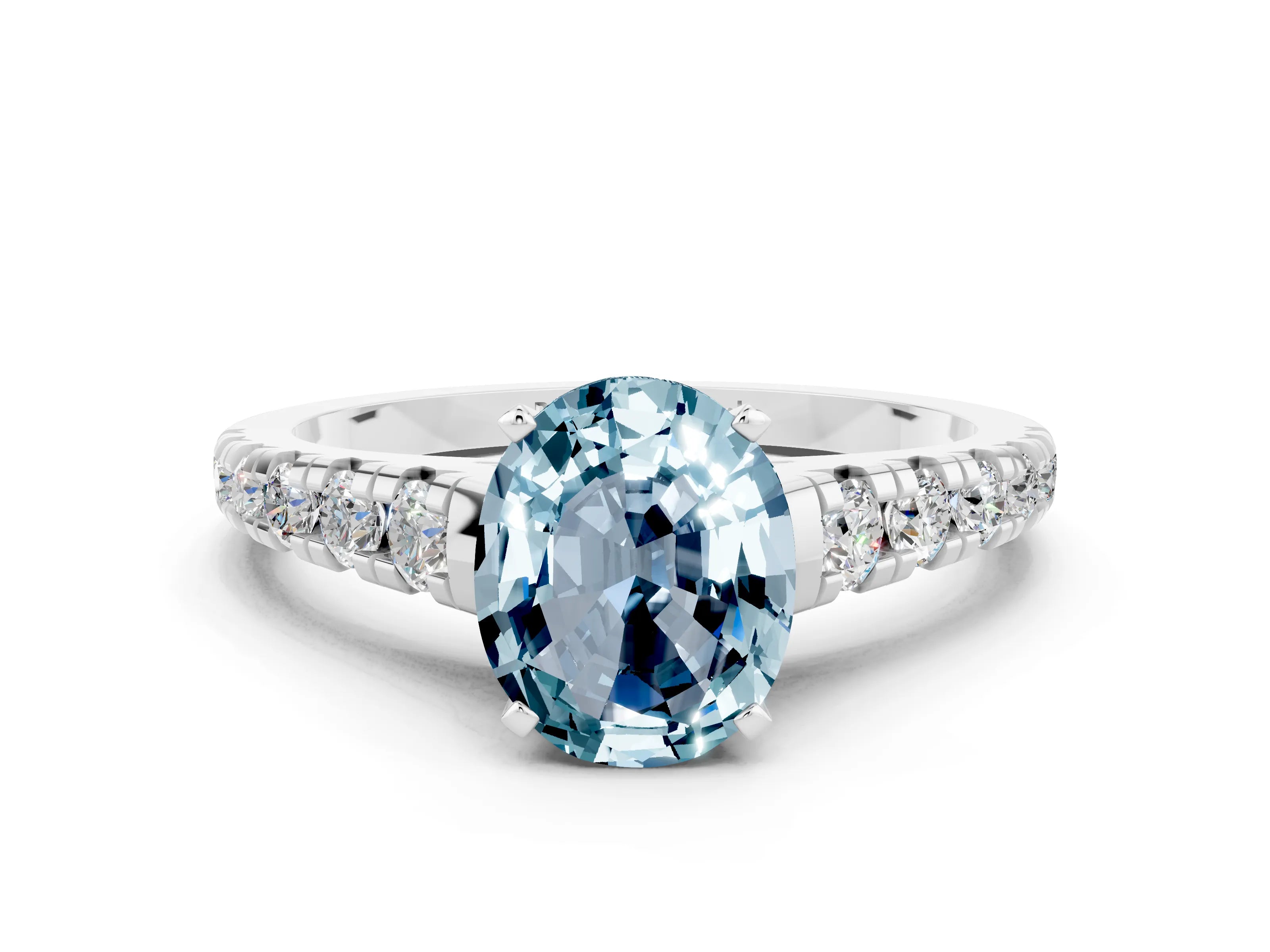 White gold Fancy White Oval Cut Aquamarine Solitaire Ring with Cathedral Setting and Pavé Band
