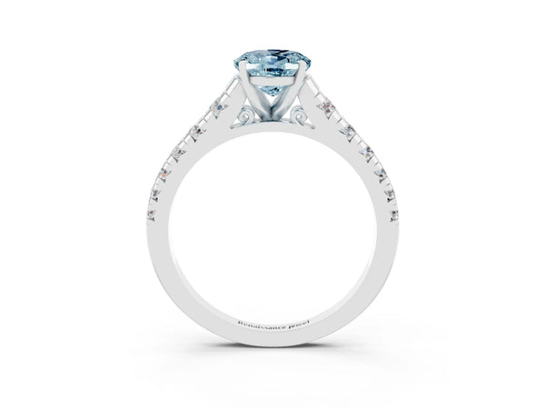 Platinum Oval Cut Aquamarine Cathedral Solitaire Ring with Round  Pavé Band