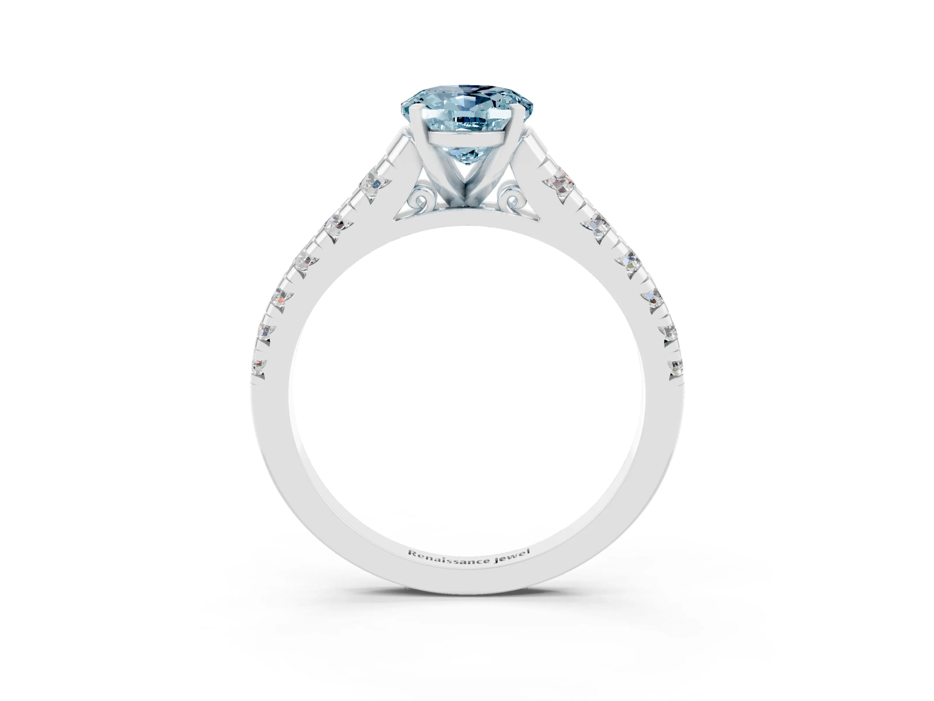 White gold Fancy White Oval Cut Aquamarine Solitaire Ring with Cathedral Setting and Pavé Band_3