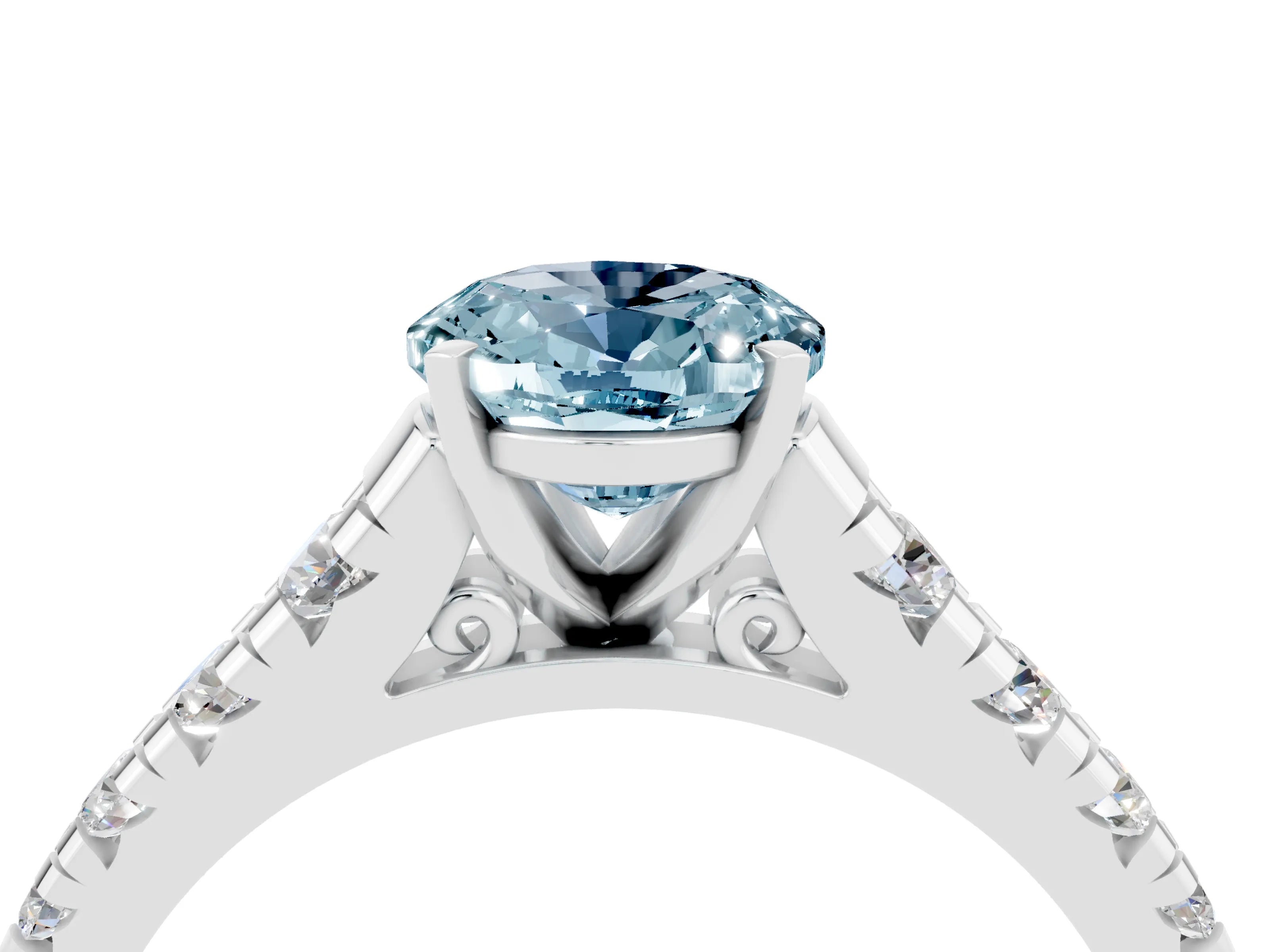 White gold Fancy White Oval Cut Aquamarine Solitaire Ring with Cathedral Setting and Pavé Band_4
