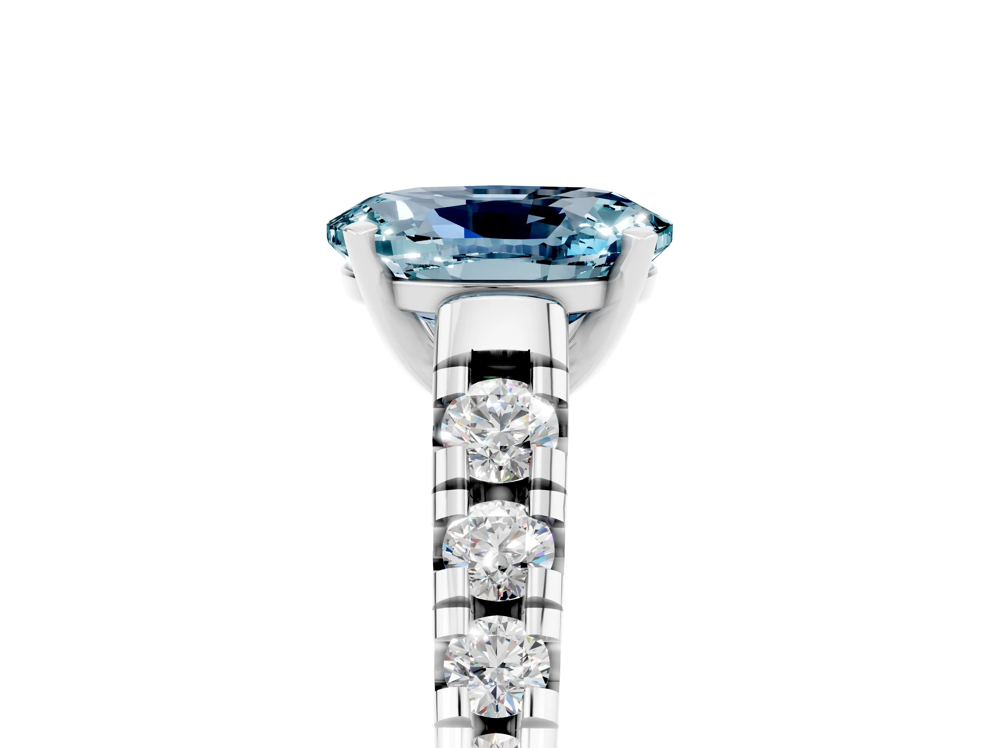 White gold Fancy White Oval Cut Aquamarine Solitaire Ring with Cathedral Setting and Pavé Band_5