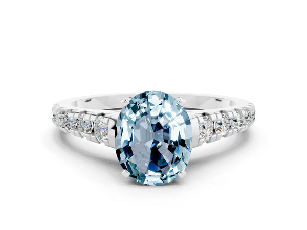 Silver Oval Cut Aquamarine Cathedral Solitaire Ring with Round  Pavé Band