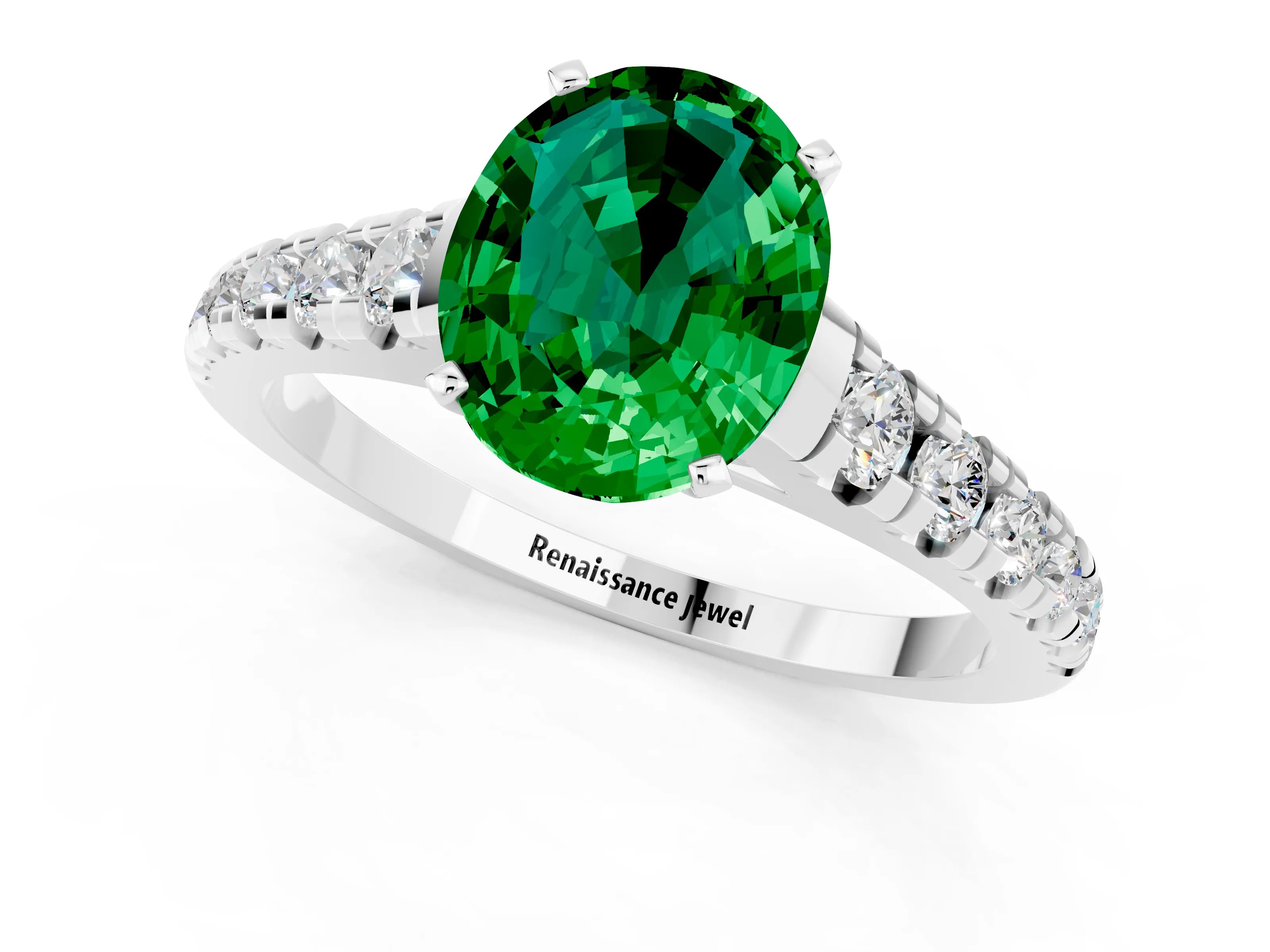 White gold Fancy White Oval Cut Emerald Solitaire Ring with Cathedral Setting and Pavé Band_1