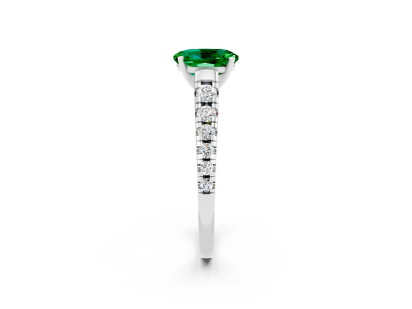 Platinum Oval Cut Emerald Cathedral Solitaire Ring with Round  Pavé Band