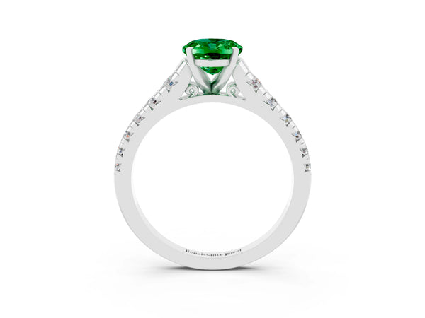 Platinum Oval Cut Emerald Cathedral Solitaire Ring with Round  Pavé Band