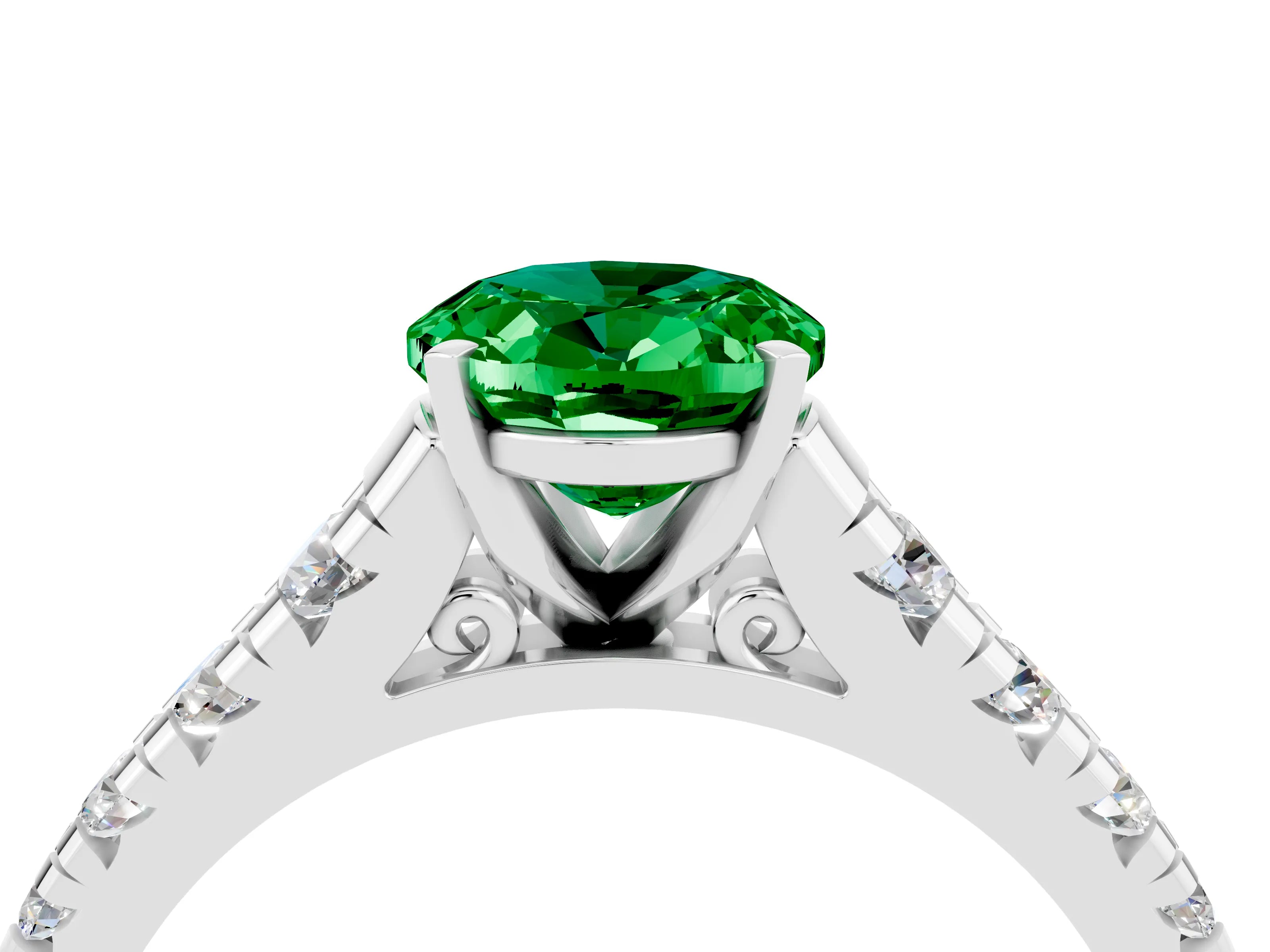 White gold Fancy White Oval Cut Emerald Solitaire Ring with Cathedral Setting and Pavé Band_4
