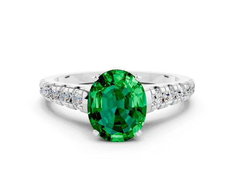 White gold Fancy White Oval Cut Emerald Solitaire Ring with Cathedral Setting and Pavé Band