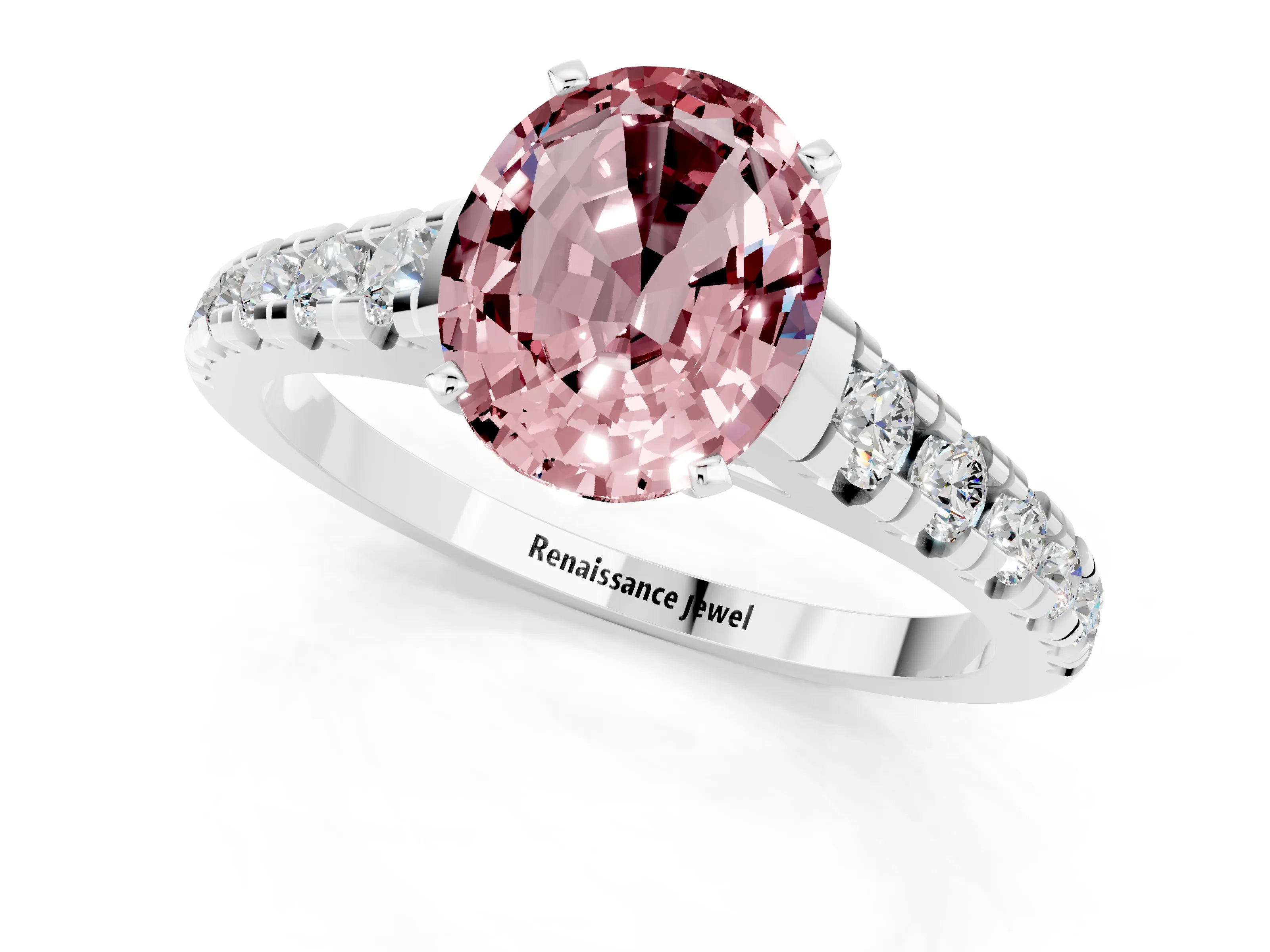 White gold Fancy White Oval Cut Morganite Solitaire Ring with Cathedral Setting and Pavé Band_1
