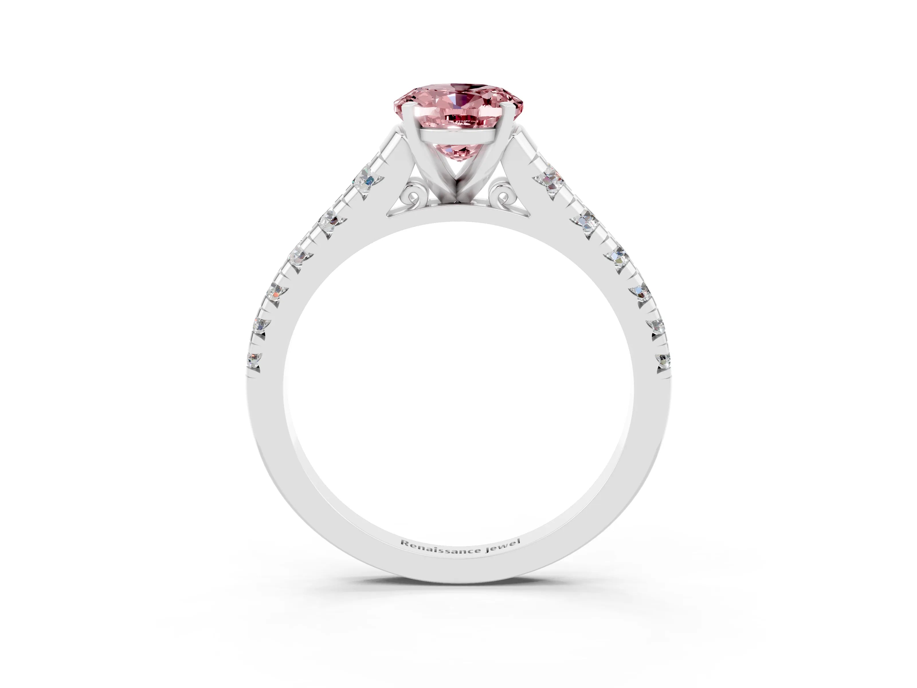 White gold Fancy White Oval Cut Morganite Solitaire Ring with Cathedral Setting and Pavé Band_3