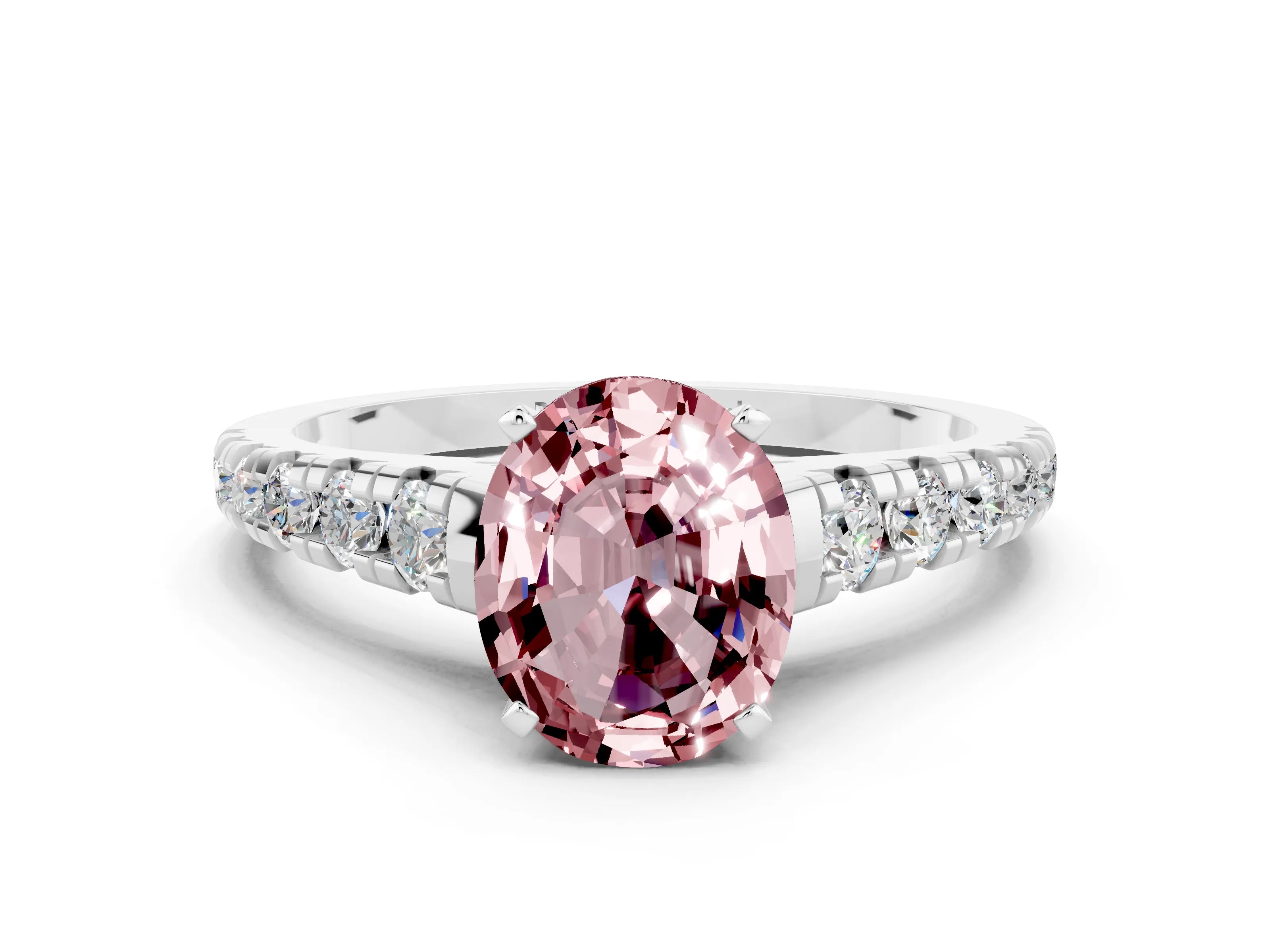 White gold Fancy White Oval Cut Morganite Solitaire Ring with Cathedral Setting and Pavé Band