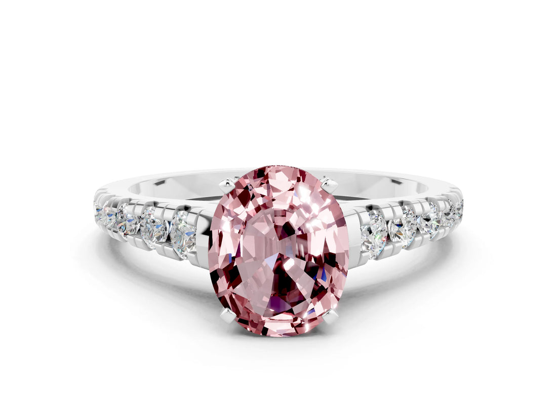 White gold Fancy White Oval Cut Morganite Solitaire Ring with Cathedral Setting and Pavé Band
