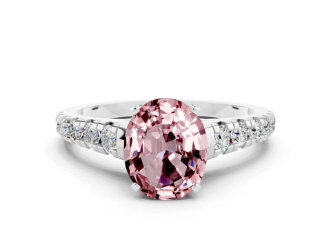 White gold Fancy White Oval Cut Morganite Solitaire Ring with Cathedral Setting and Pavé Band
