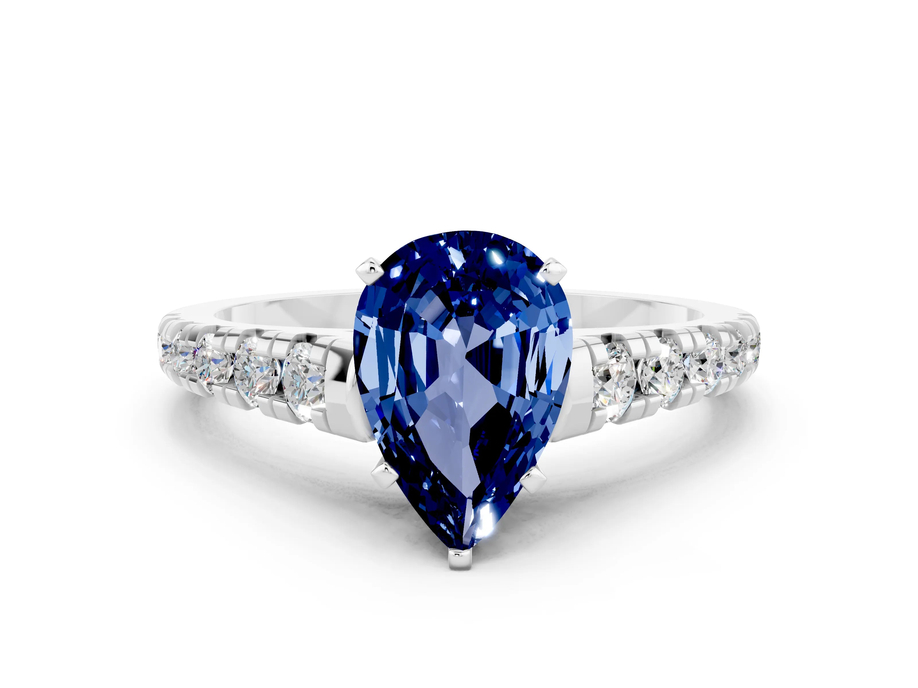 White gold Fancy White Pear Cut Blue Sapphire Solitaire Ring with Cathedral Setting and Pavé Band