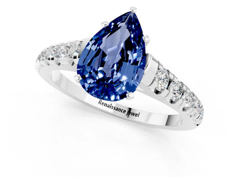 White gold Fancy White Pear Cut Blue Sapphire Solitaire Ring with Cathedral Setting and Pavé Band_1