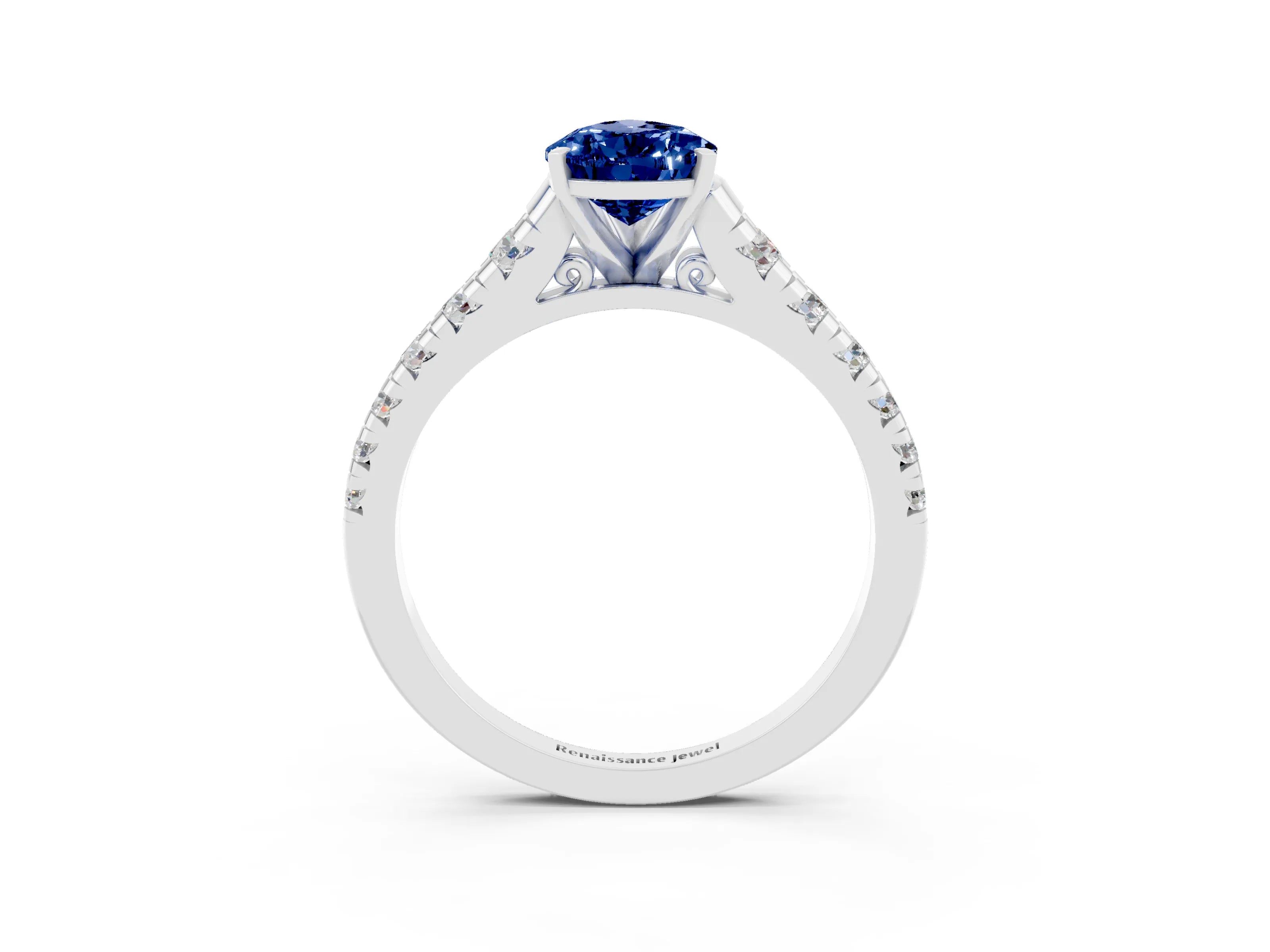 White gold Fancy White Pear Cut Blue Sapphire Solitaire Ring with Cathedral Setting and Pavé Band_3