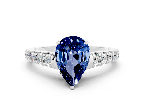 Silver Pear Cut Blue Sapphire Cathedral Solitaire Ring with Round  Pavé Band
