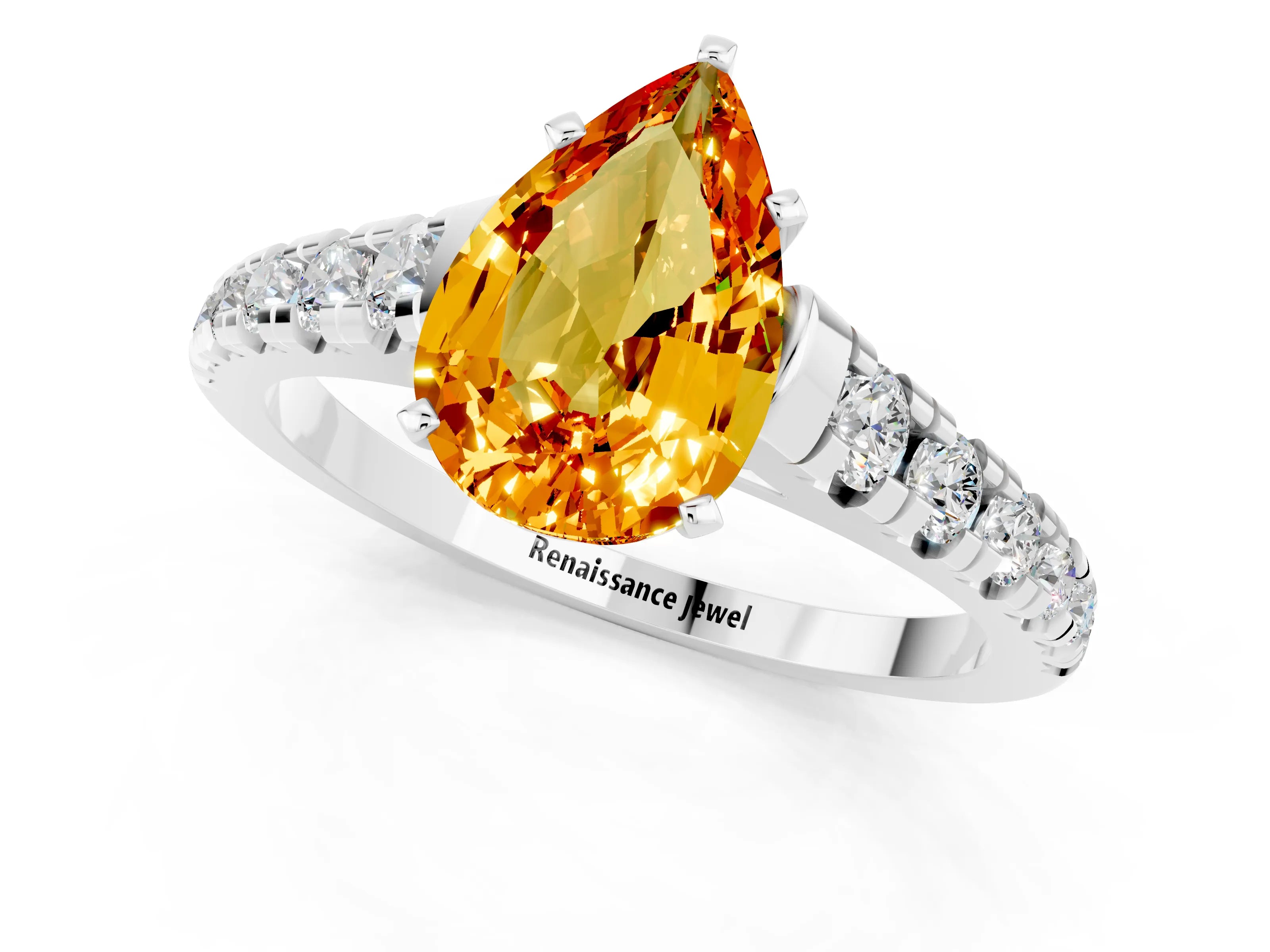White gold Fancy White Pear Cut Citrine Solitaire Ring with Cathedral Setting and Pavé Band_1