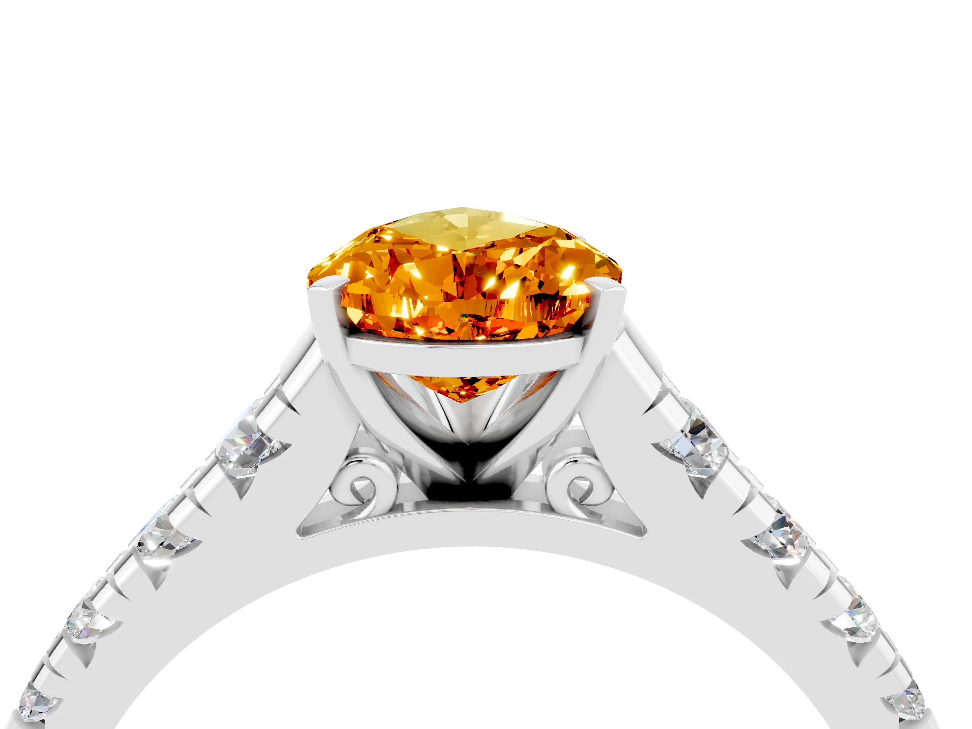 White gold Fancy White Pear Cut Citrine Solitaire Ring with Cathedral Setting and Pavé Band_4