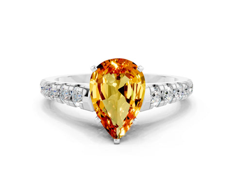White gold Fancy White Pear Cut Citrine Solitaire Ring with Cathedral Setting and Pavé Band