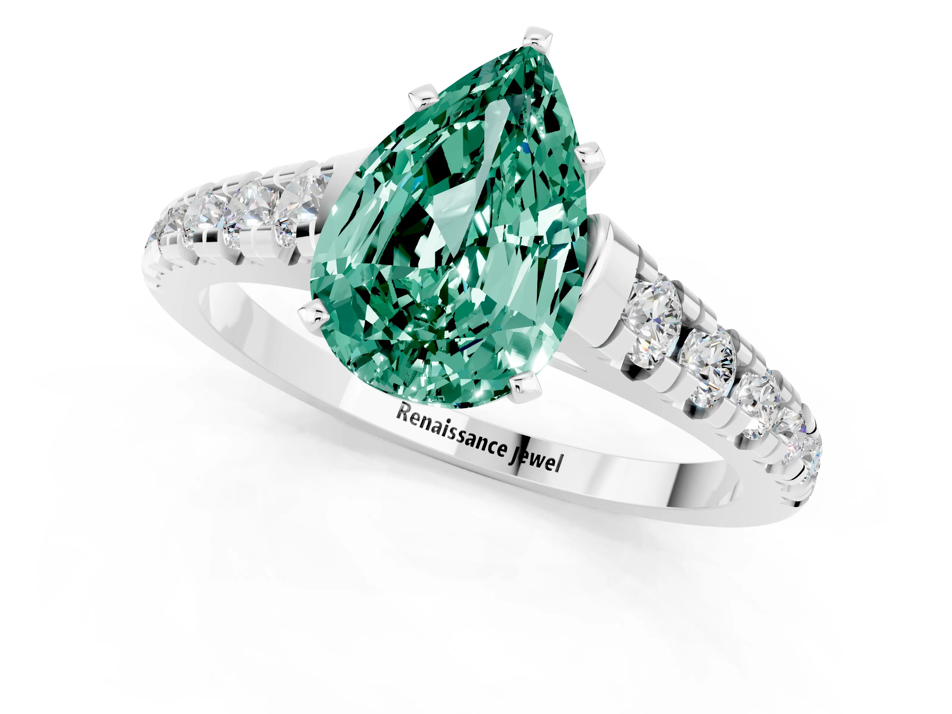 White gold Fancy White Pear Cut Green Sapphire Solitaire Ring with Cathedral Setting and Pavé Band_1