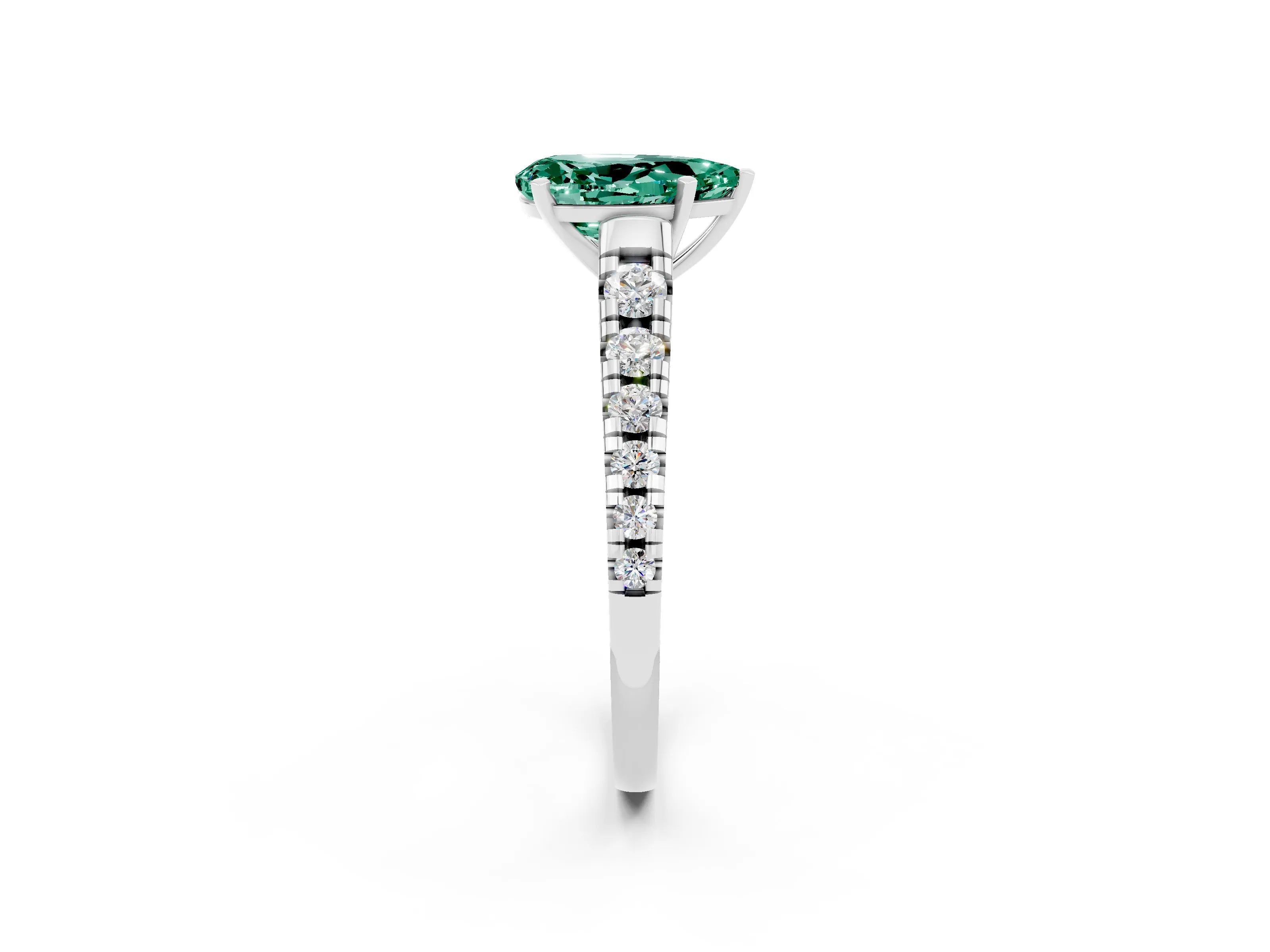 White gold Fancy White Pear Cut Green Sapphire Solitaire Ring with Cathedral Setting and Pavé Band_2