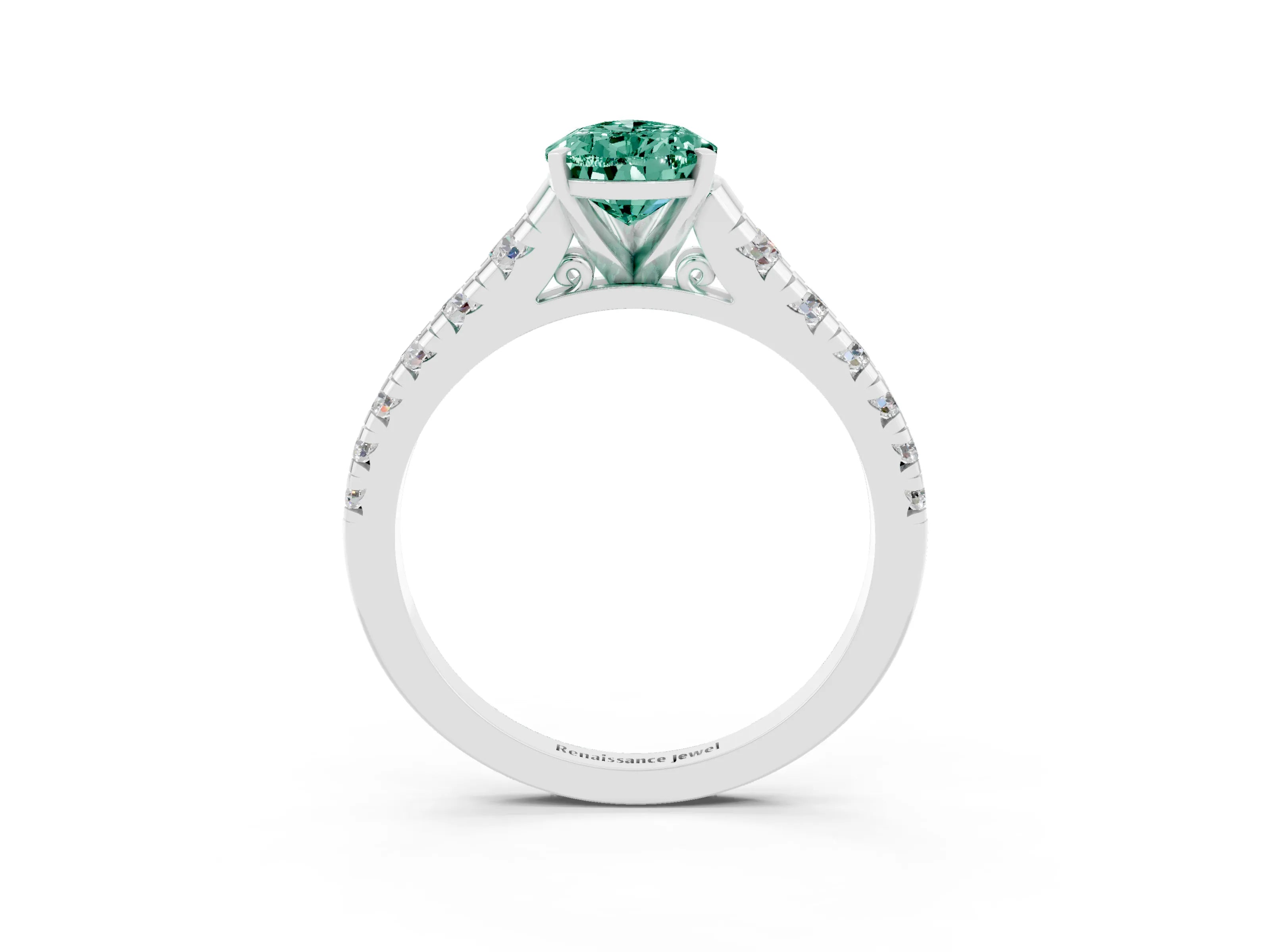 White gold Fancy White Pear Cut Green Sapphire Solitaire Ring with Cathedral Setting and Pavé Band_3