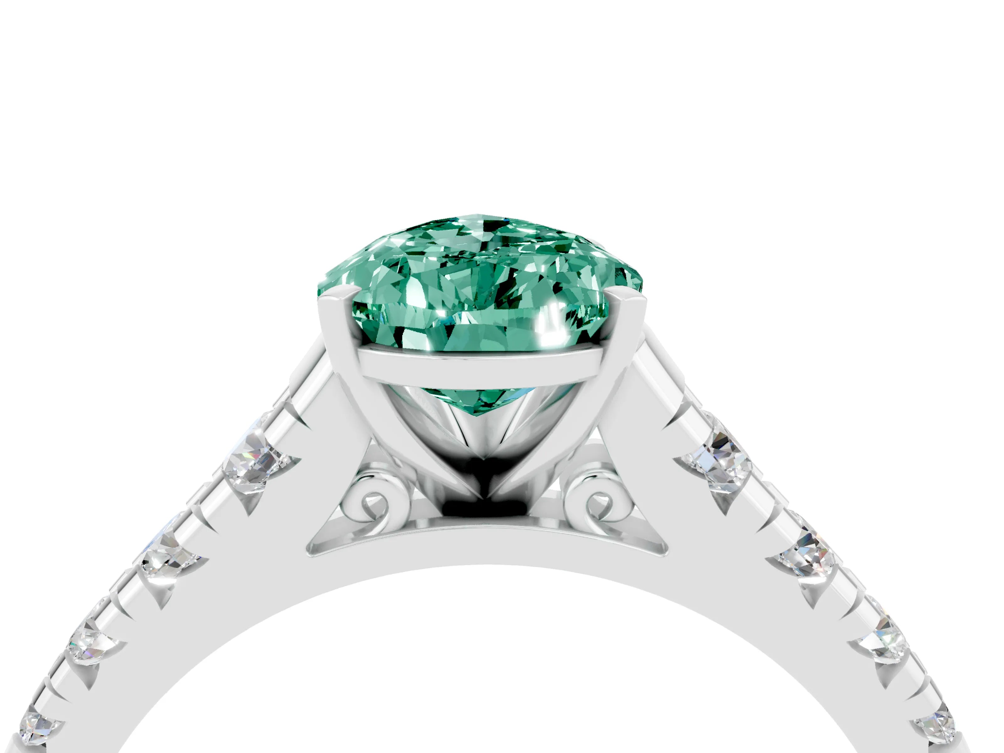 White gold Fancy White Pear Cut Green Sapphire Solitaire Ring with Cathedral Setting and Pavé Band_4