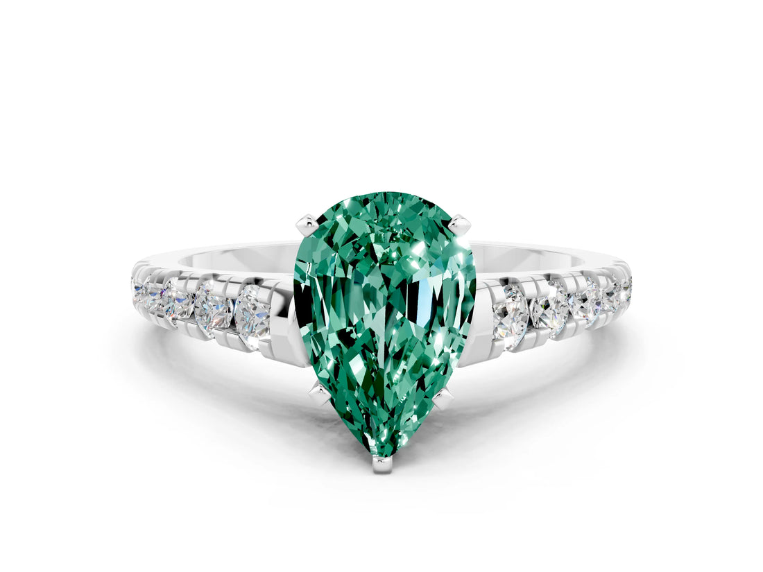White gold Fancy White Pear Cut Green Sapphire Solitaire Ring with Cathedral Setting and Pavé Band