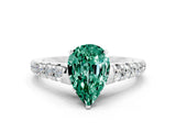 White gold Fancy White Pear Cut Green Sapphire Solitaire Ring with Cathedral Setting and Pavé Band