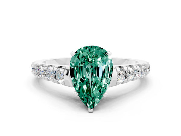 White gold Pear Cut Green Sapphire Cathedral Solitaire Ring with Round  Pavé Band