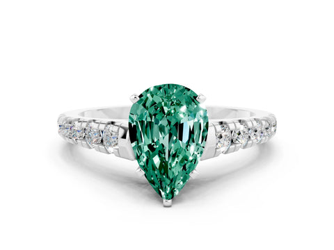 White gold Fancy White Pear Cut Green Sapphire Solitaire Ring with Cathedral Setting and Pavé Band