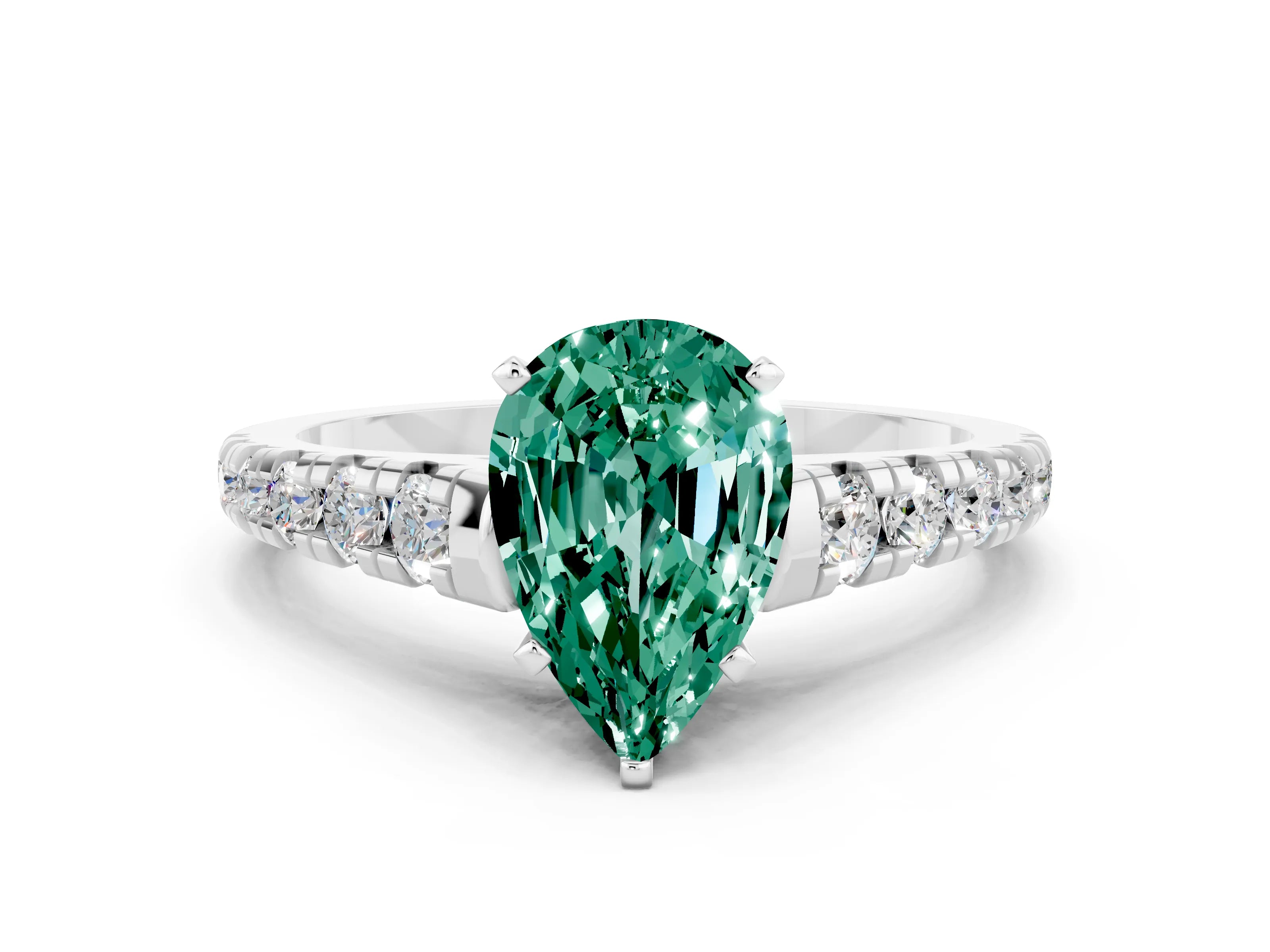 White gold Fancy White Pear Cut Green Sapphire Solitaire Ring with Cathedral Setting and Pavé Band
